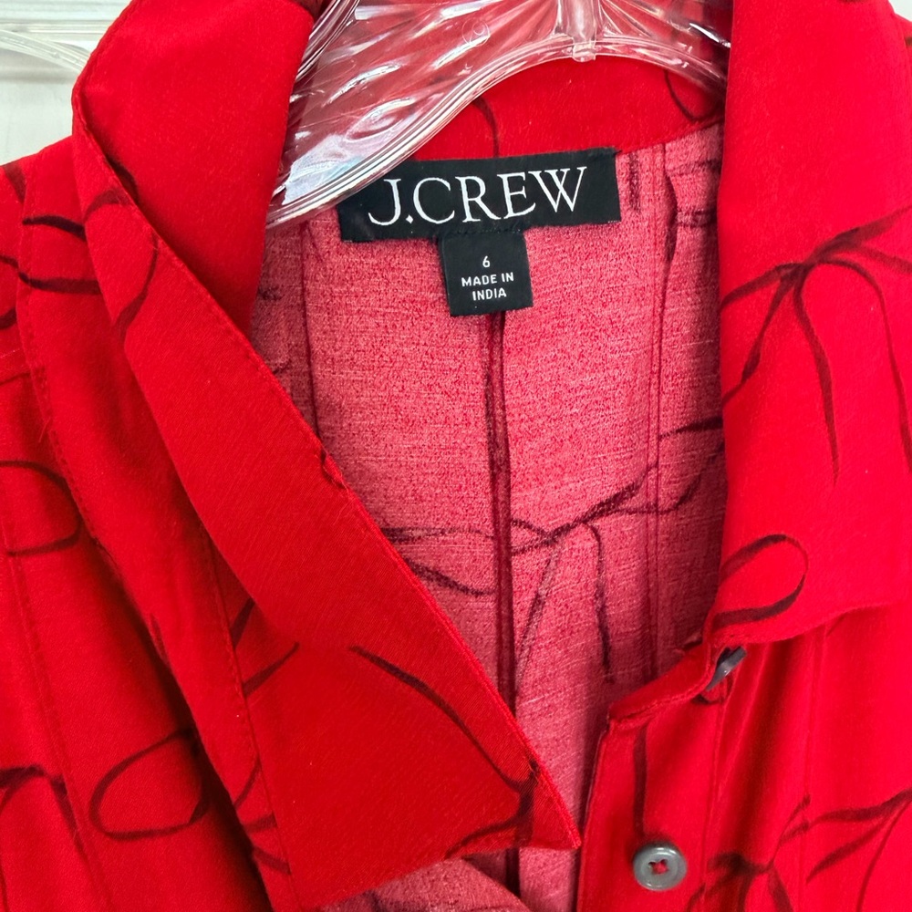 J. Crew Red Bow tie drapey Midi Shirt Dress with Tie Waist 6 - Picture 5 of 8